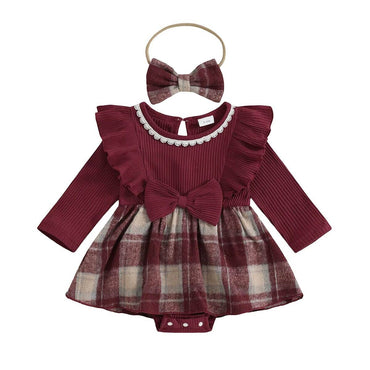 Long Sleeve Plaid Ruffled Bow Baby Romper