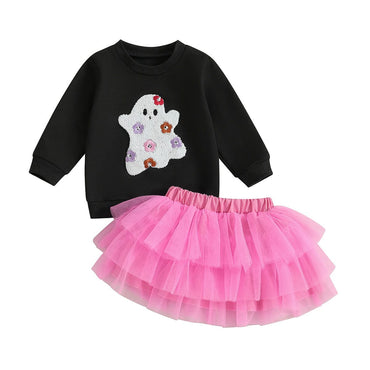 Long Sleeve Ghost Tulle Skirt Toddler Set Black 2T