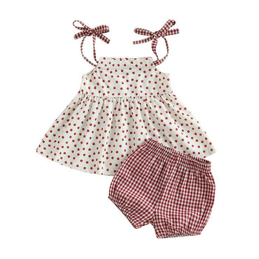 Tie Shoulder Floral Plaid Shorts Baby Set