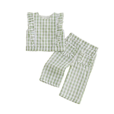 Sleeveless Gingham Ruffled Toddler Set Green 12-18 M