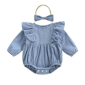 Long Sleeve Solid Ruffled Baby Romper Blue 0-3 M