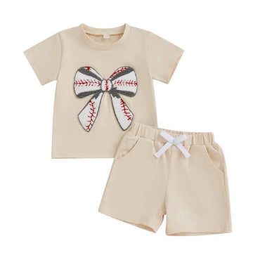 Short Sleeve Baseball Bow Toddler Set Beige 9-12 M