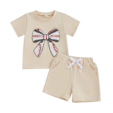 Short Sleeve Baseball Bow Toddler Set Beige 9-12 M