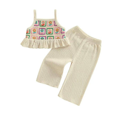 Floral Crochet Top Solid Pants Toddler Set Beige 9-12 M