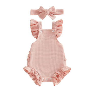 Solid Ruffled Straps Baby Romper Pink 0-3 M
