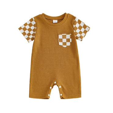 Short Sleeve Checkered Pocket Baby Romper Mustard Orange 0-3 M