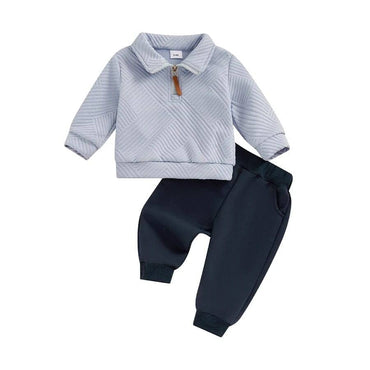 Long Sleeve Collar Solid Pants Baby Set Gray 3-6 M