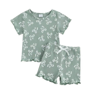 Short Sleeve Bows Toddler Set Green 9-12 M
