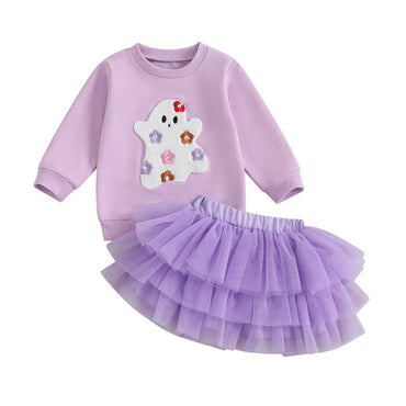 Long Sleeve Ghost Tulle Skirt Toddler Set Purple 2T