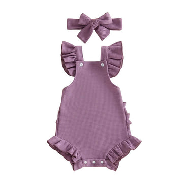Solid Ruffled Straps Baby Romper Purple 0-3 M