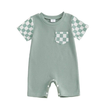 Short Sleeve Checkered Pocket Baby Romper Green 0-3 M