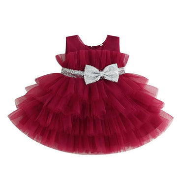 Sparkly Silver Bow Tulle Toddler Dress Red 2T