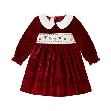 Long Sleeve Velvet Holiday Lights Toddler Dress
