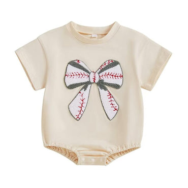 Short Sleeve Baseball Bow Baby Bodysuit Beige 0-3 M