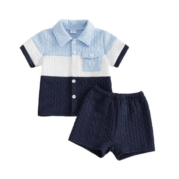 Short Sleeve Collar Button Up Toddler Set Blue 9-12 M