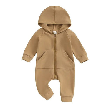 Long Sleeve Solid Hooded Baby Jumpsuit Khaki 0-3 M