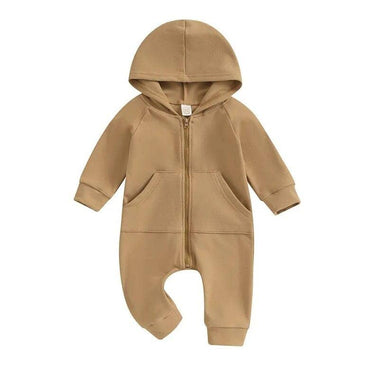 Long Sleeve Solid Hooded Baby Jumpsuit Khaki 0-3 M
