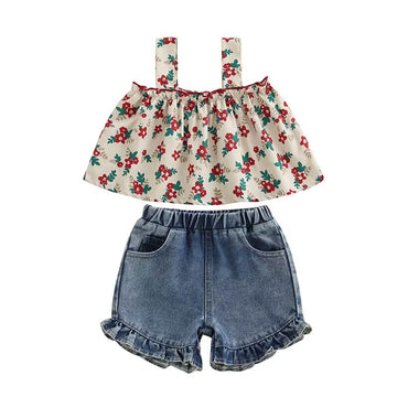 Floral Top Denim Shorts Toddler Set