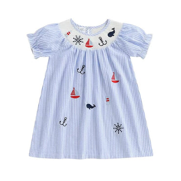 Puff Sleeve Marine Striped Toddler Dress Blue 9-12 M