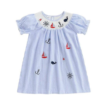 Puff Sleeve Marine Striped Toddler Dress Blue 9-12 M