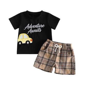 Short Sleeve Adventure Awaits Plaid Toddler Set