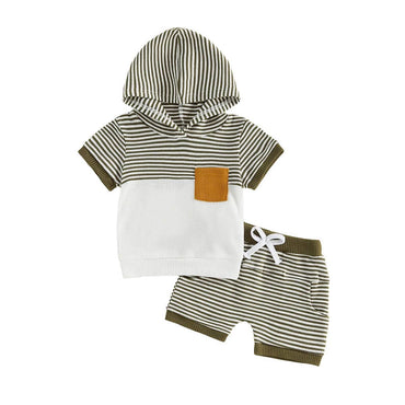 Short Sleeve Waffle Striped Hoodie Baby Set Green 3-6 M