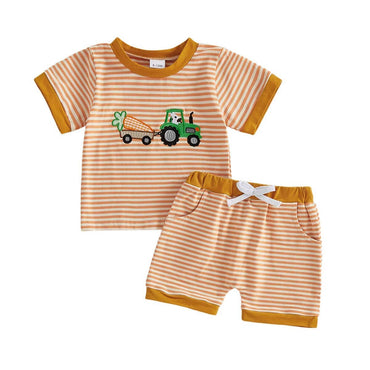Short Sleeve Striped Carrot Tractor Baby Set