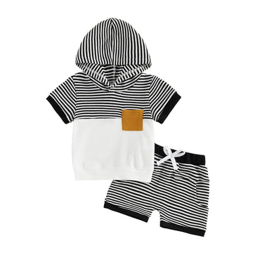 Short Sleeve Waffle Striped Hoodie Baby Set Black 3-6 M