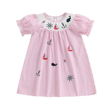 Puff Sleeve Marine Striped Toddler Dress Pink 6T