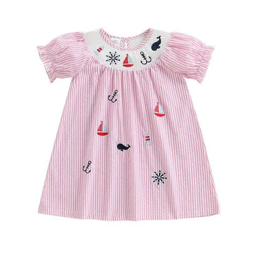 Puff Sleeve Marine Striped Toddler Dress Pink 6T