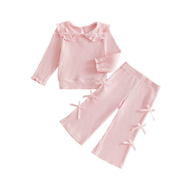 Long Sleeve Solid Ribbed Bows Toddler Set Pink 9-12 M