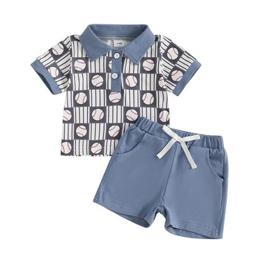 Short Sleeve Baseball Collar Baby Set Blue 3-6 M