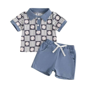 Short Sleeve Baseball Collar Baby Set Blue 3-6 M