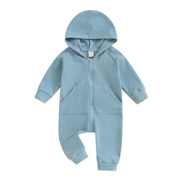 Long Sleeve Solid Hooded Baby Jumpsuit Blue 0-3 M