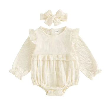 Long Sleeve Solid Ruffled Romper Beige 0-3 M