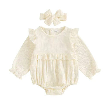 Long Sleeve Solid Ruffled Romper Beige 0-3 M