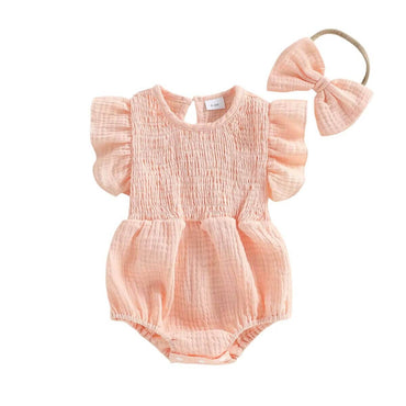 Flutter Sleeve Solid Baby Romper Rompers The Trendy Toddlers Peach Pink 0-3 M