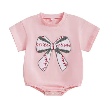 Short Sleeve Baseball Bow Baby Bodysuit Pink 0-3 M