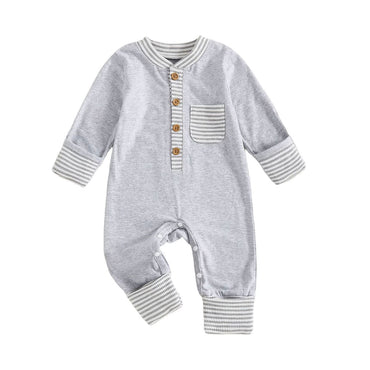 Long Sleeve Striped Pocket Baby Jumpsuit Gray Newborn