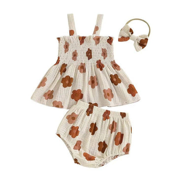 Smocked Floral Shorts Baby Set Beige 3-6 M