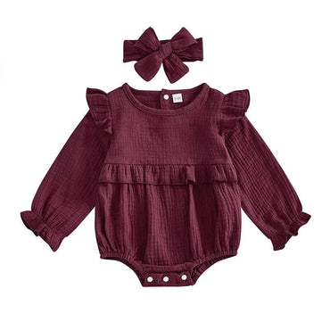 Long Sleeve Solid Ruffled Romper Burgundy Red 0-3 M