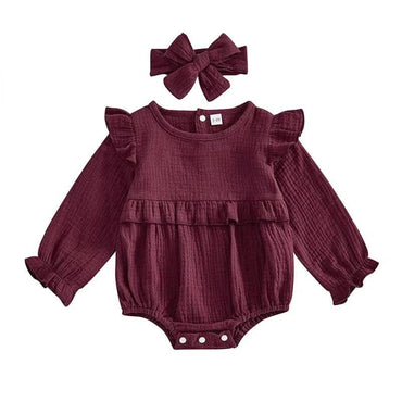 Long Sleeve Solid Ruffled Romper Burgundy Red 0-3 M