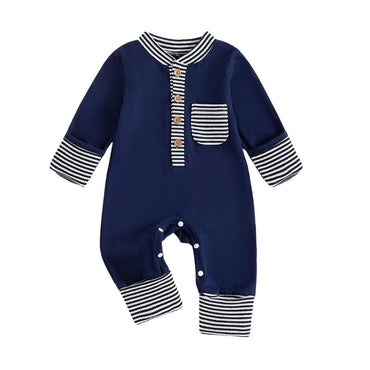 Long Sleeve Striped Pocket Baby Jumpsuit Navy Blue Newborn