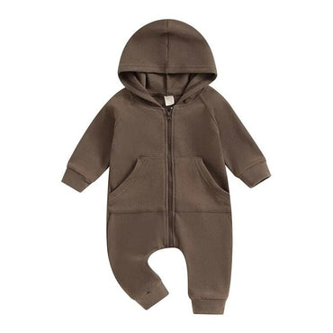 Long Sleeve Solid Hooded Baby Jumpsuit Brown 0-3 M
