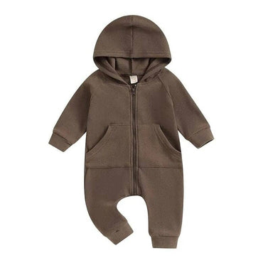 Long Sleeve Solid Hooded Baby Jumpsuit Brown 0-3 M