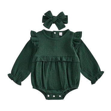 Long Sleeve Solid Ruffled Romper Green 0-3 M