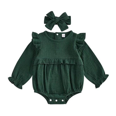 Long Sleeve Solid Ruffled Romper Green 0-3 M