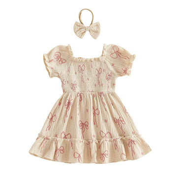 Puff Sleeve Bows Toddler Dress Beige 12-18 M
