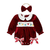 Long Sleeve Velvet Holiday Lights Baby Romper