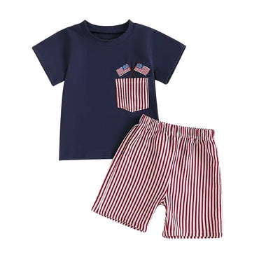 Short Sleeve Pocket Striped Shorts Baby Set